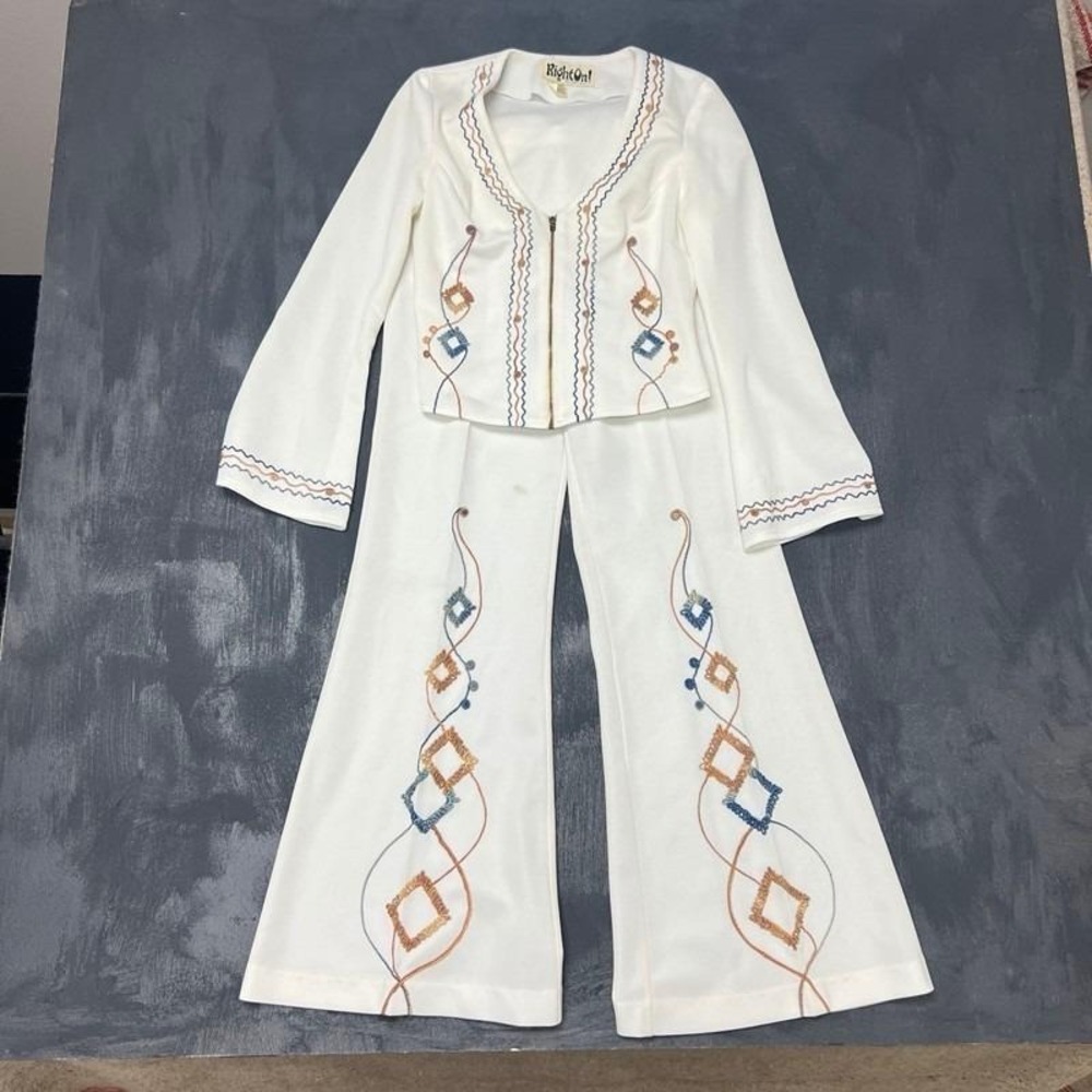 Vintage Right On 1970s Womens Two Piece Set White Flared Hippie Boho